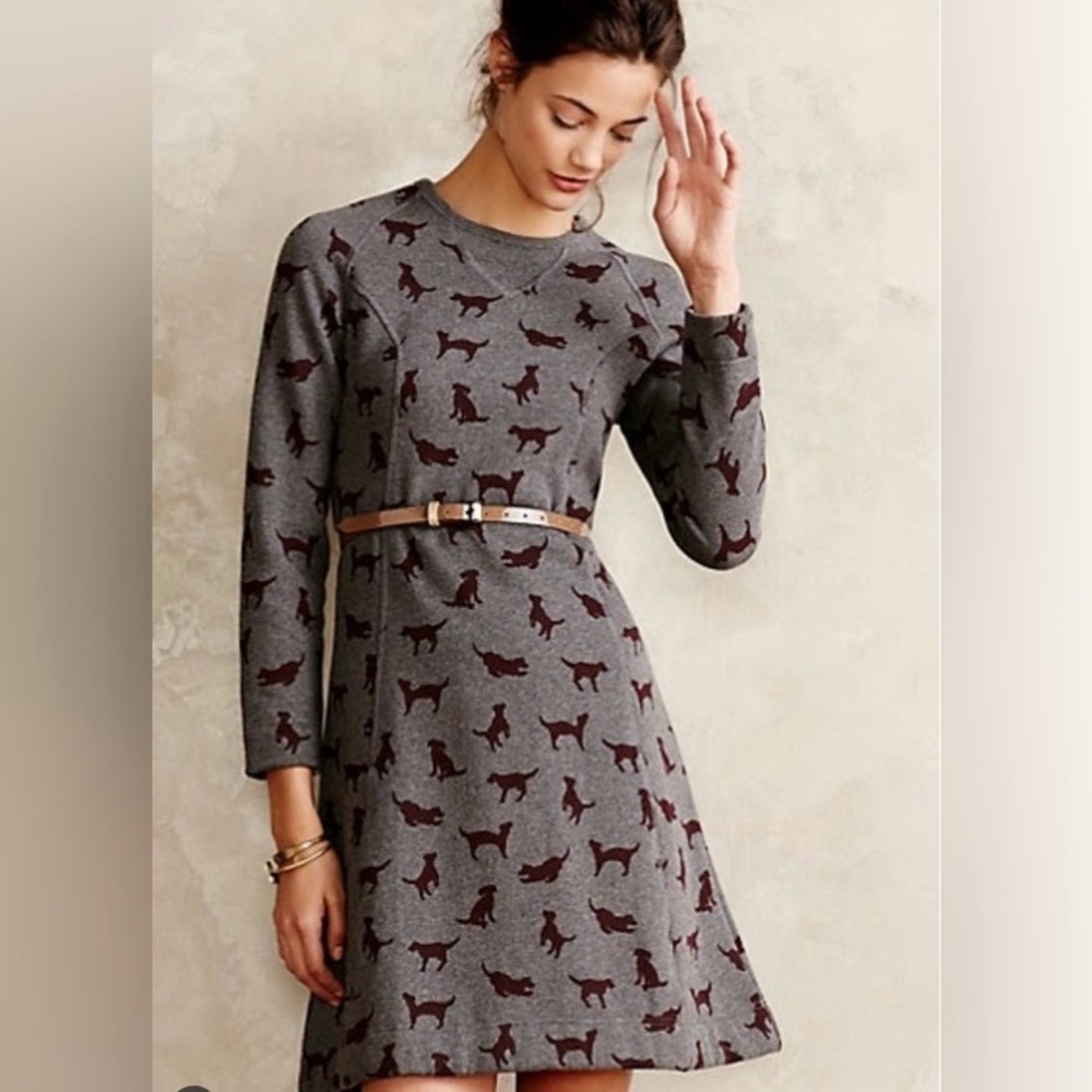 Orla Kiely “Puppy love” grey sweatshirt dress puppies are burgundy